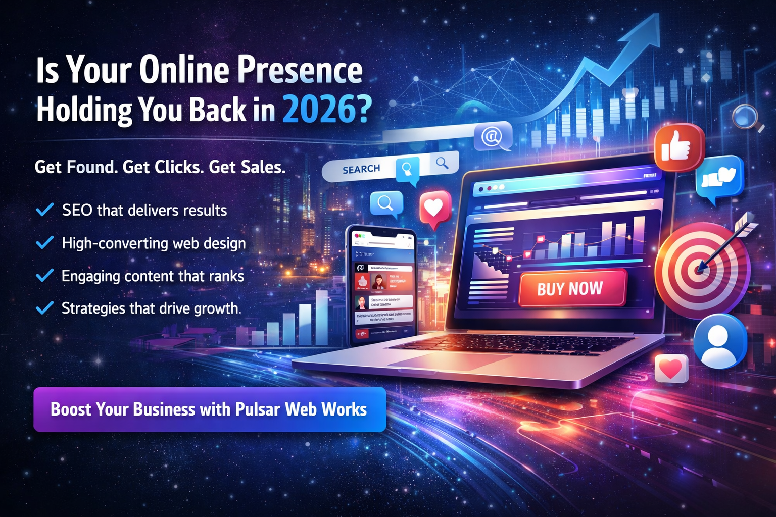 Wide, modern promotional banner for Pulsar Web Works featuring a split layout: on the left, bold headline text about improving online presence; on the right, a sleek digital illustration of a website interface with floating icons for search, social media, likes, and e-commerce. The design uses vibrant blue, purple, and pink gradients with a futuristic city backdrop, conveying growth, visibility, and digital performance