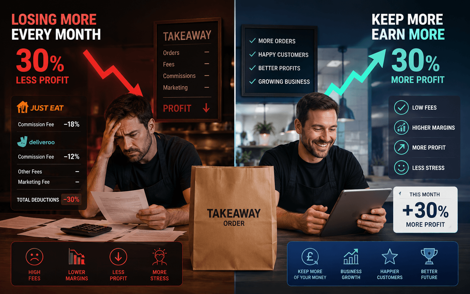 JustEat and Deliveroo commission deductions versus commission-free direct ordering — side-by-side comparison showing 30% more profit
