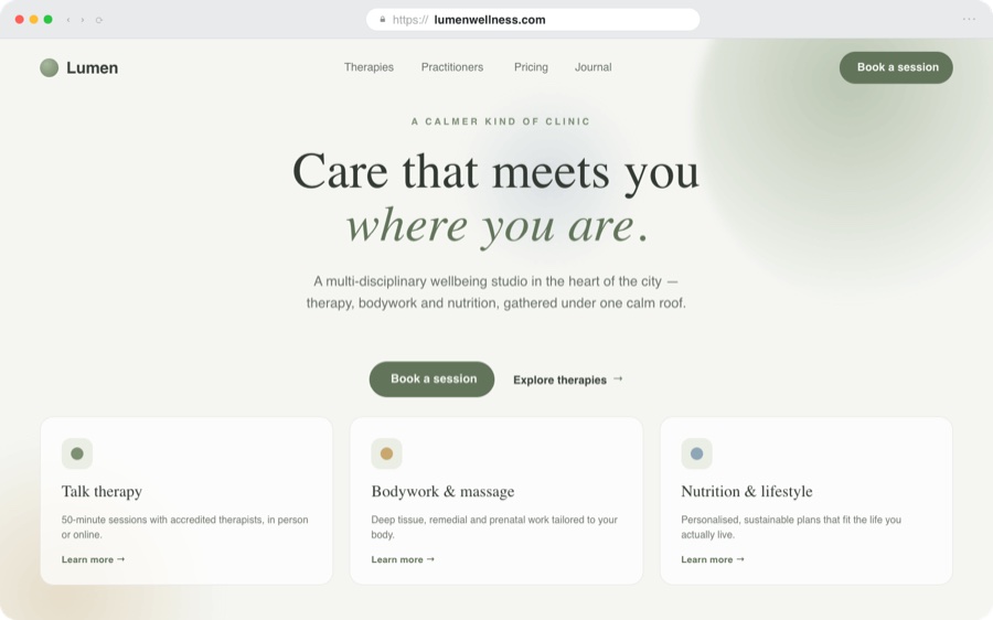 Example website design for a health and wellbeing business