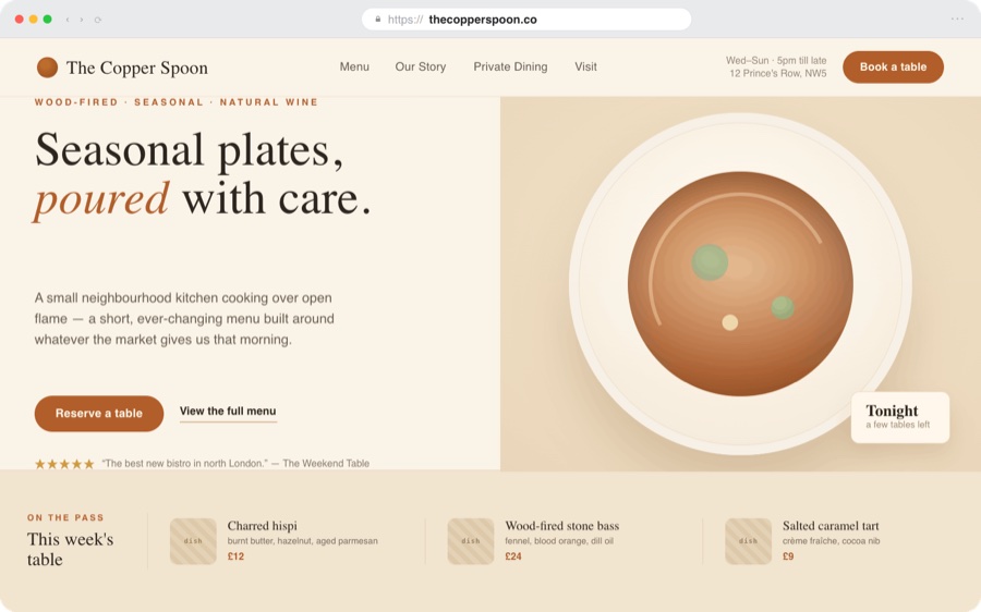 Example website design for a café or restaurant