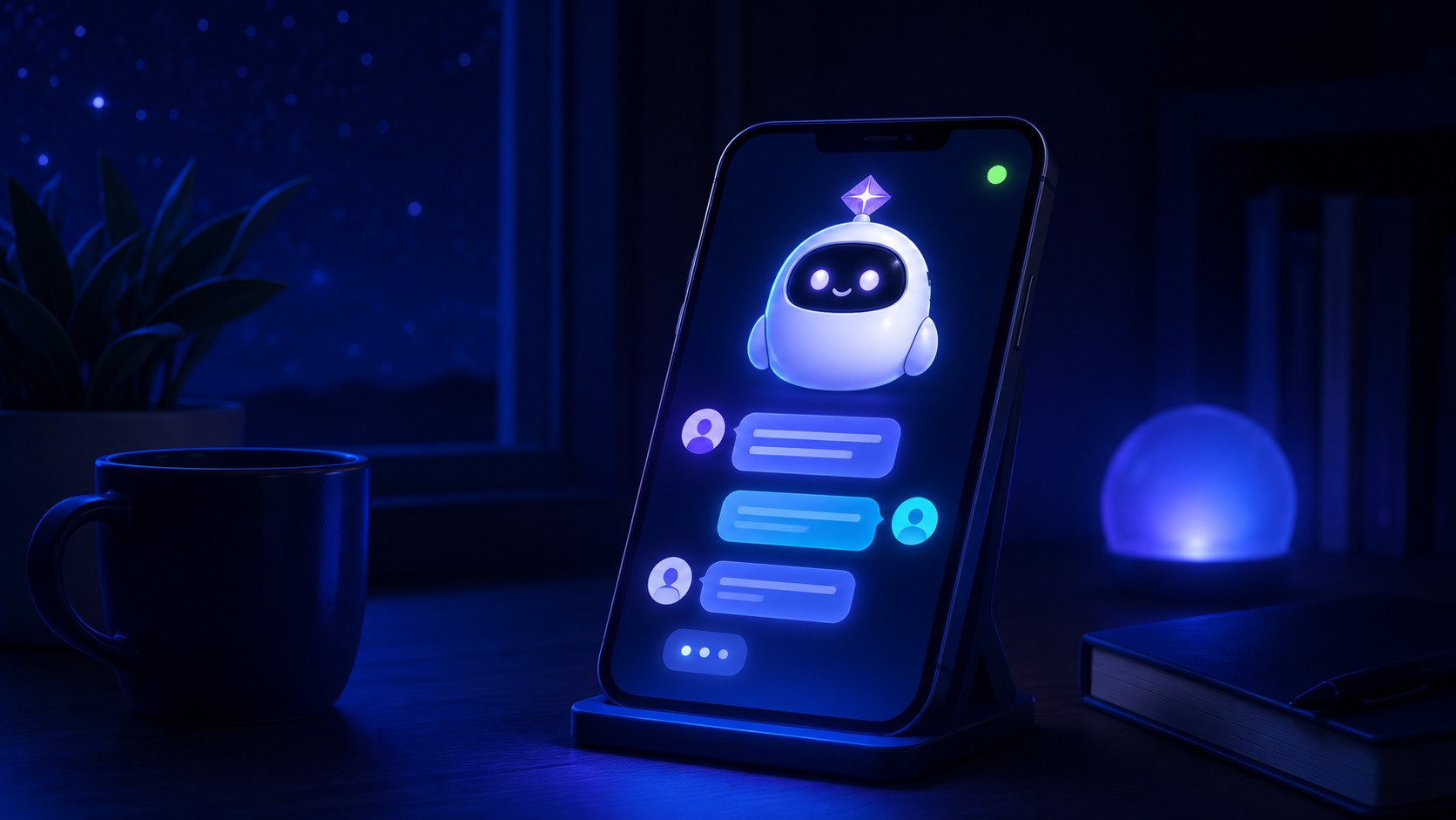 An AI chatbot answering a customer's enquiry late at night on a phone