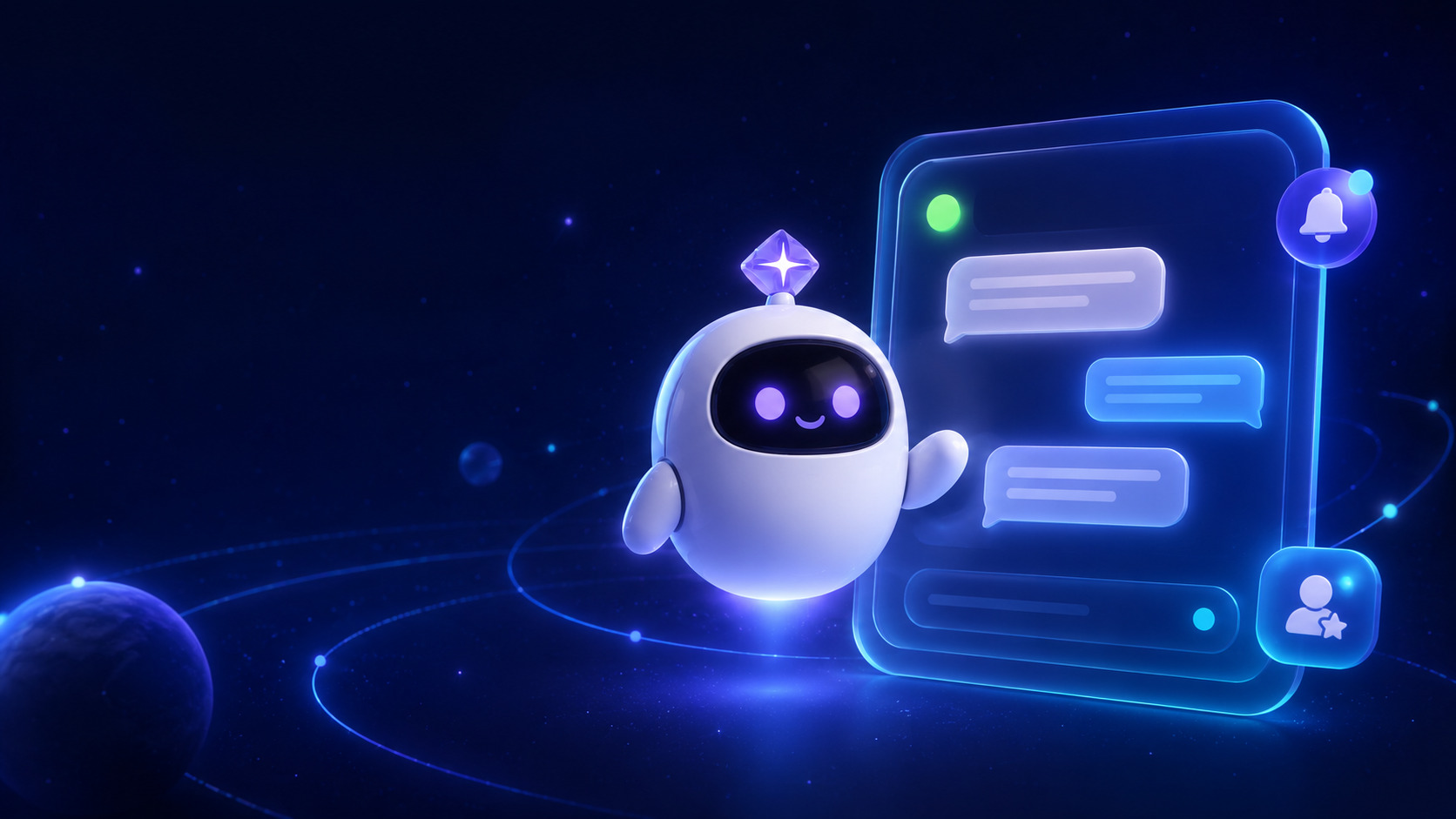 Nova, an AI chatbot assistant, beside a glowing chat window — Pulsar Web Works