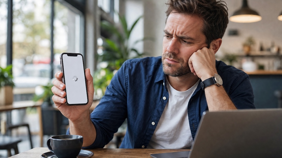 Frustrated customer giving up on a slow website loading on a phone