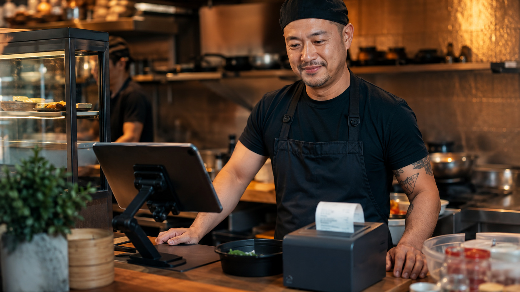 Takeaway owner managing commission-free orders via tablet in an Essex kitchen