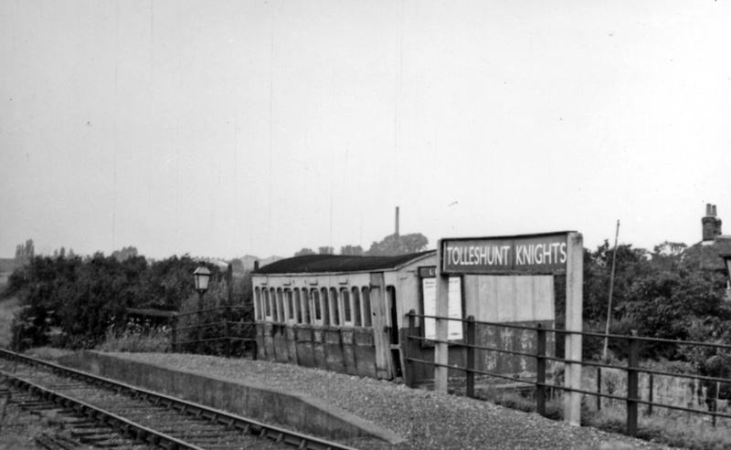 Tolleshunt Knights Halt in 1950 — an old wooden passenger coach body used as the station shelter beside the low platform