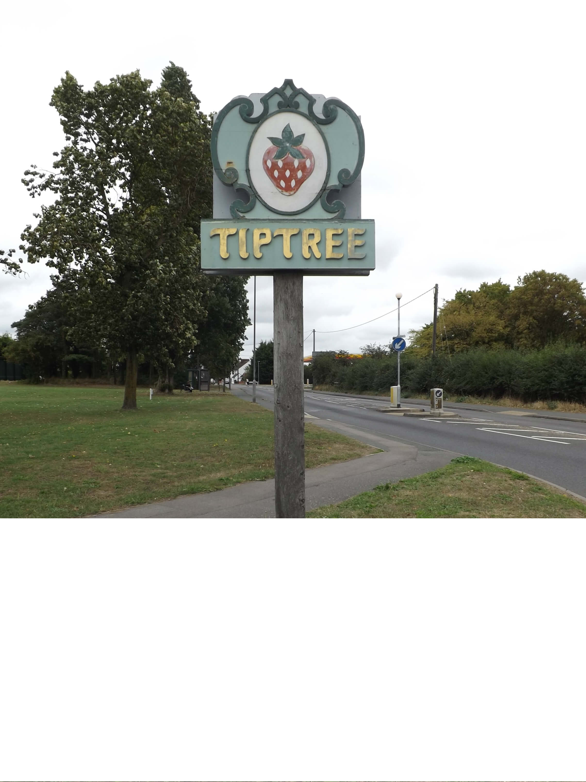 The Tiptree village sign at a road junction — the closest thing the assembled village has to a national flag